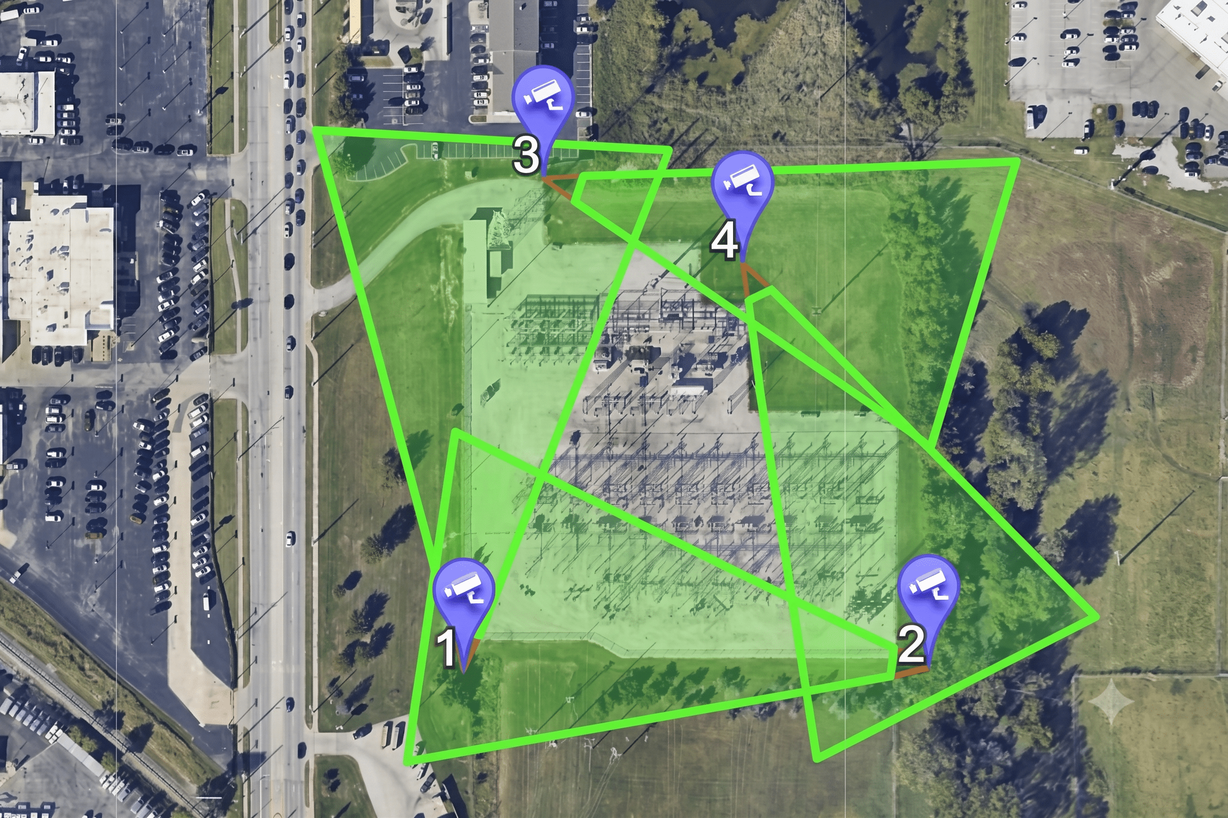 SightSurvey-Substation-Perimeter-Protection SightLogix map showing camera coverage polygons and numbered camera pins for perimeter protection