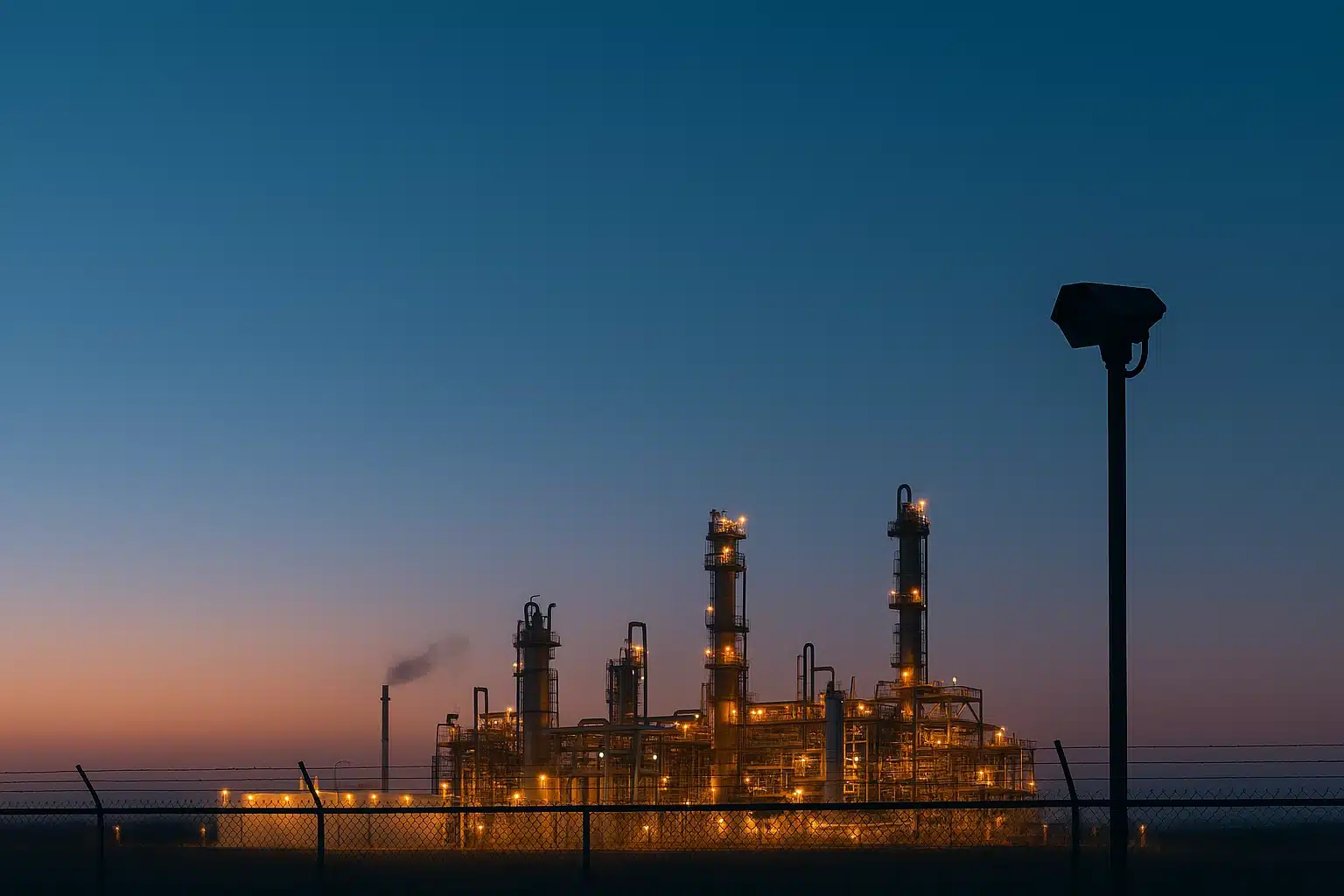 chemical-2x3-1 SightLogix camera overseeing an industrial facility at dusk