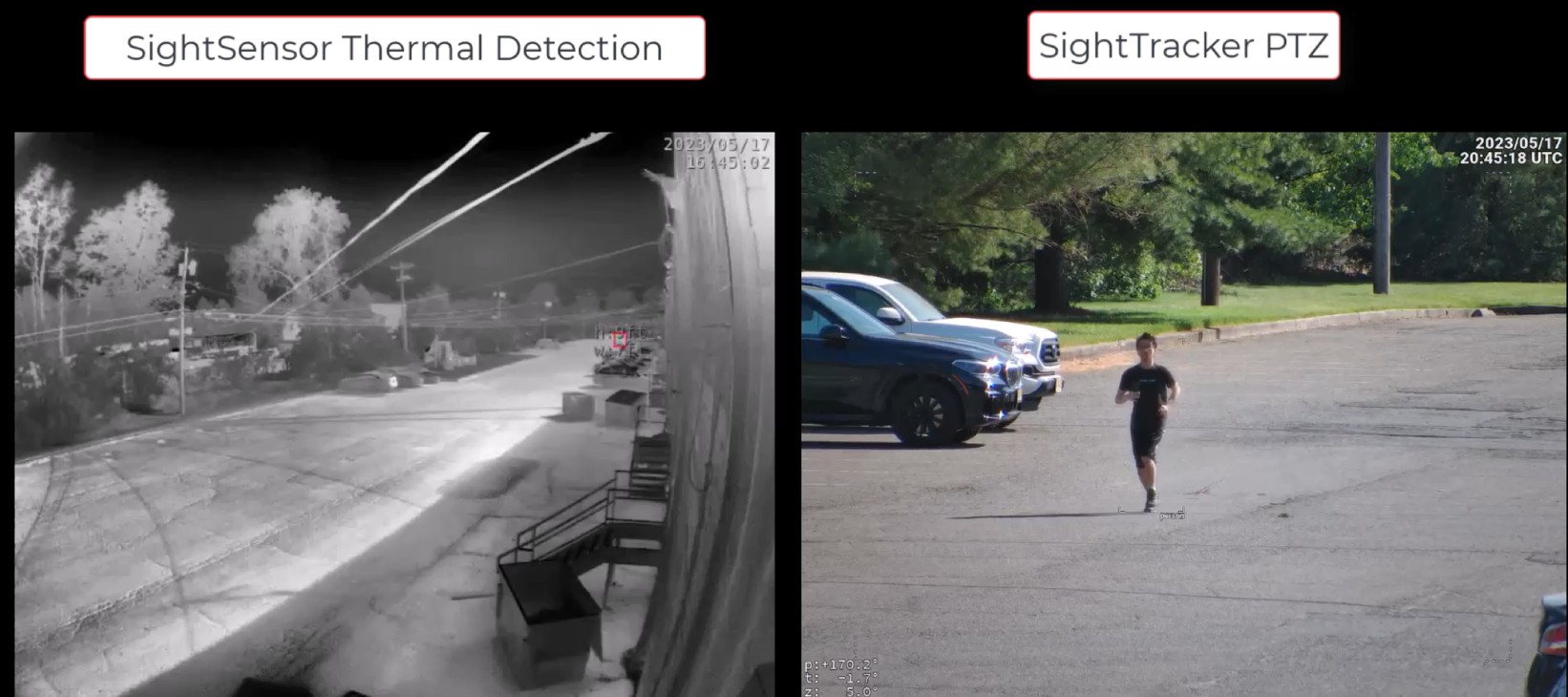 page4-002 SightSensor thermal detection and SightTracker PTZ visual confirmation of the same moving target