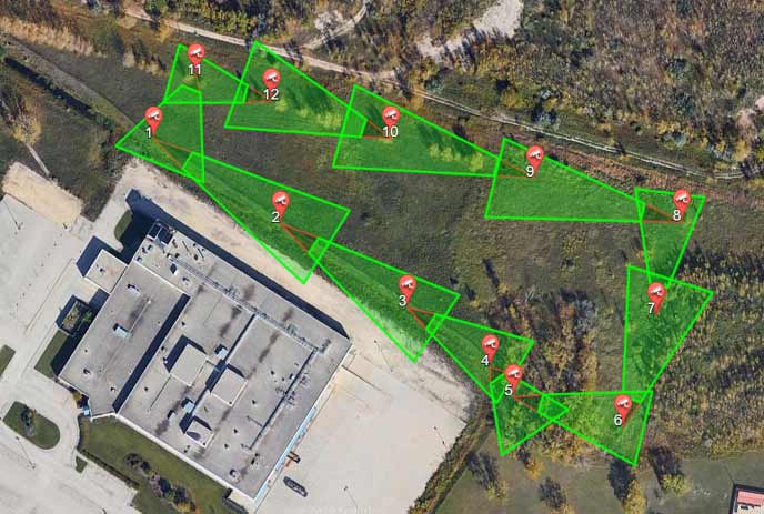 Cannabis-Perimeter-Security-SightSurvey SightLogix perimeter security coverage zones in a green overlay on an aerial view of a facility