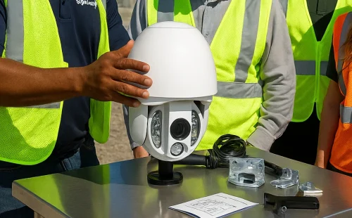 training 540x400-2 SightLogix security camera installation demonstration on a metal table with workers in safety vests