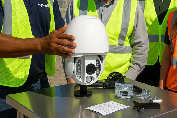 training 540x400-2 SightLogix security camera installation demonstration on a metal table with workers in safety vests