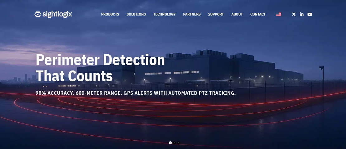 SightLogix perimeter detection system with red security lines around a facility at night