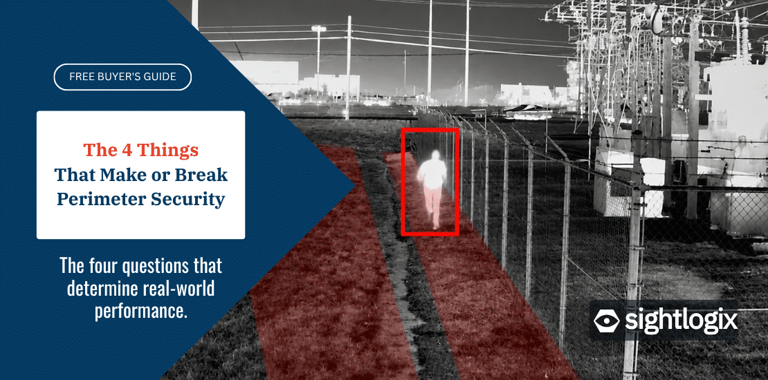 SightLogix detects a person walking along a fence in thermal view with red detection box for perimeter security