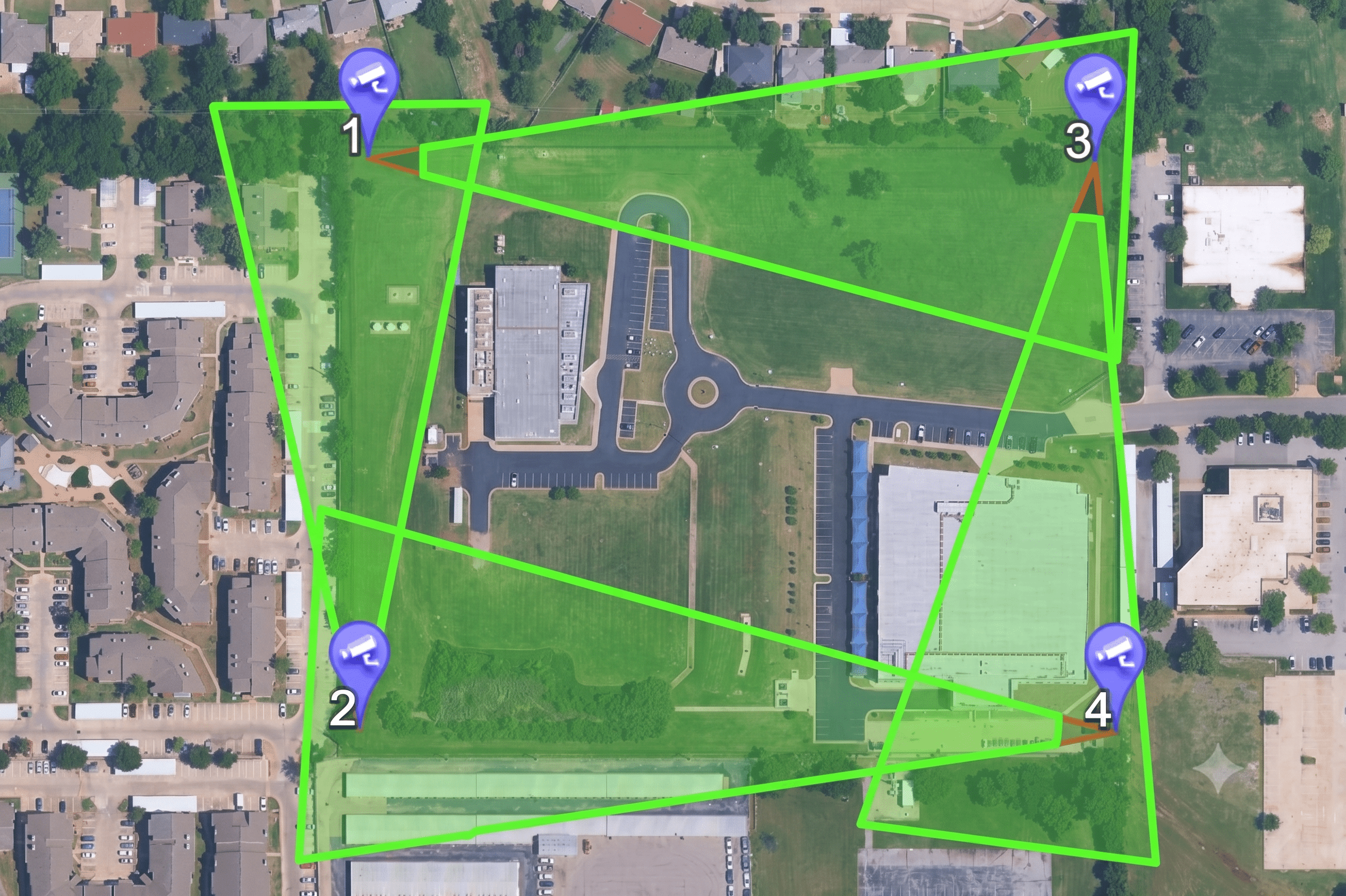 SightSurvey Data Center Perimeter Security SightLogix aerial map showing green camera zones with numbered markers indicating perimeter security